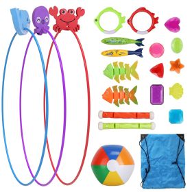 24Pcs Diving Toys Swimming Pool Toys Swim Toys for Kids Aged 3+ Years Old Swim Thru Rings Torpedoes Gems Volleyball Storage Bag